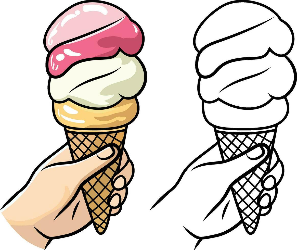 Hand holding an ice cream cone cartoon style vector illustration, Ice cream in a hand colored and black and white line art stock vector image
