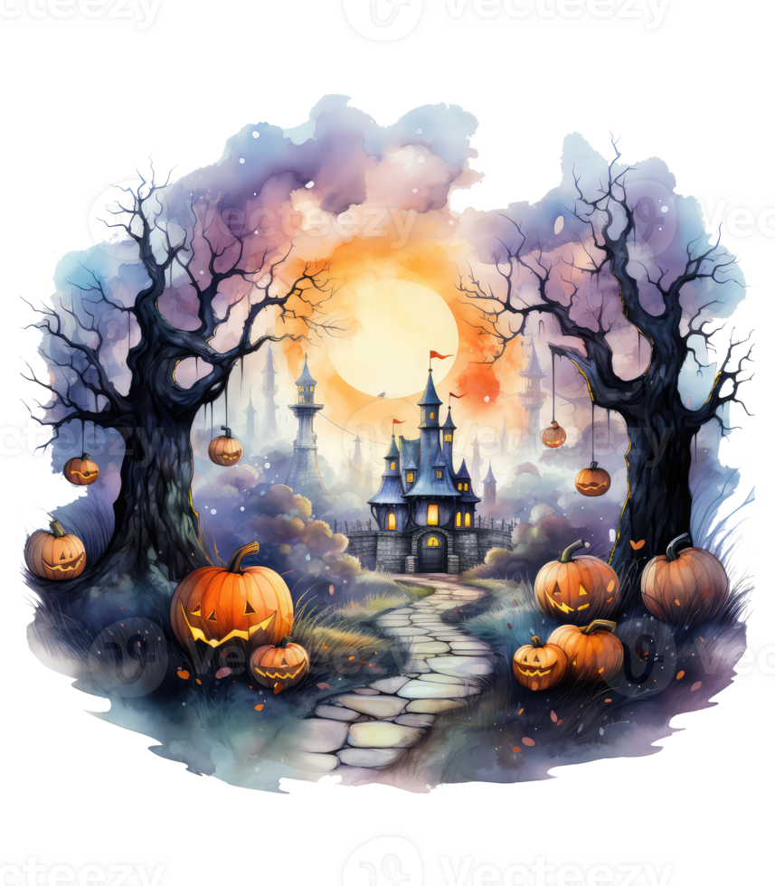 halloween huis met klein maan en vliegend heks schaduw, bomen, glimlachen pompoenen, begraafplaats en gestreden . ai gegenereerd png