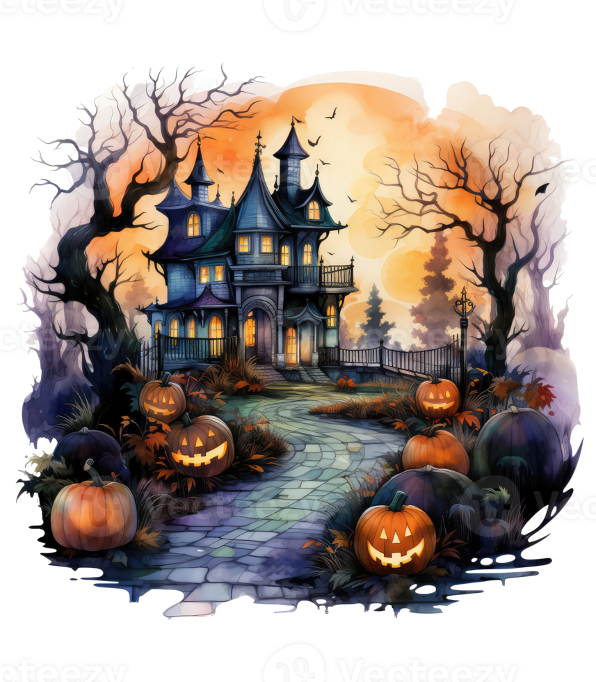 halloween huis met klein maan en vliegend heks schaduw, bomen, glimlachen pompoenen, begraafplaats en gestreden . ai gegenereerd png