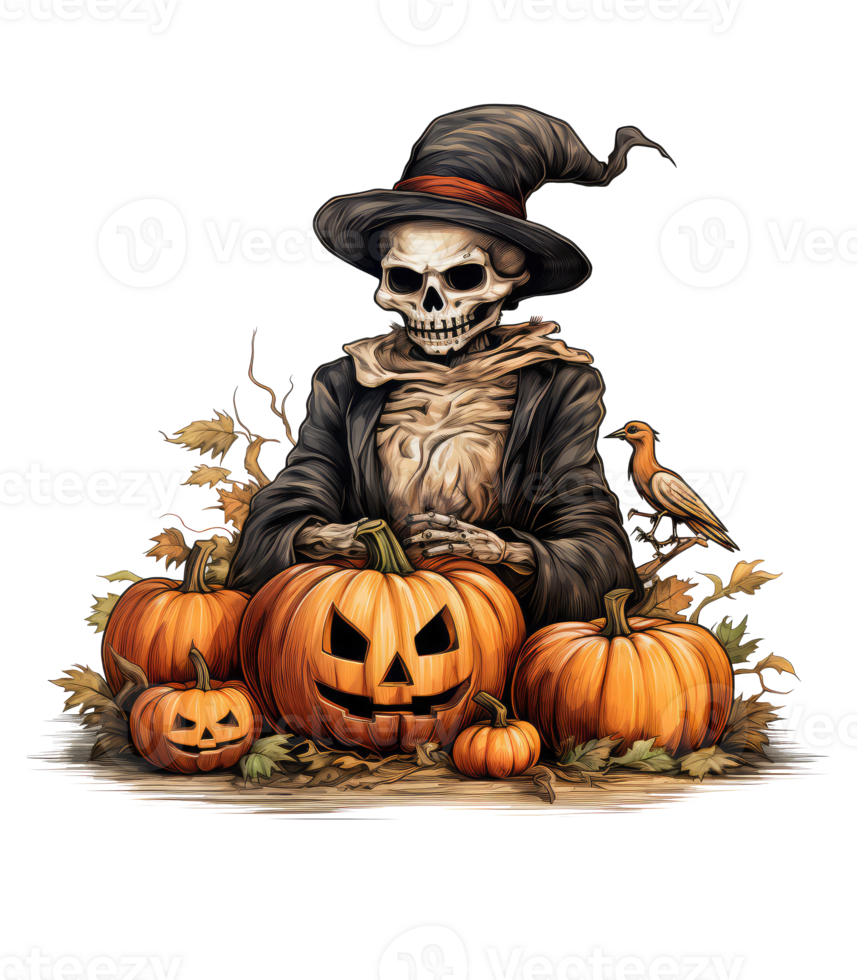 skeleton halloween with pumkins . AI Generated png