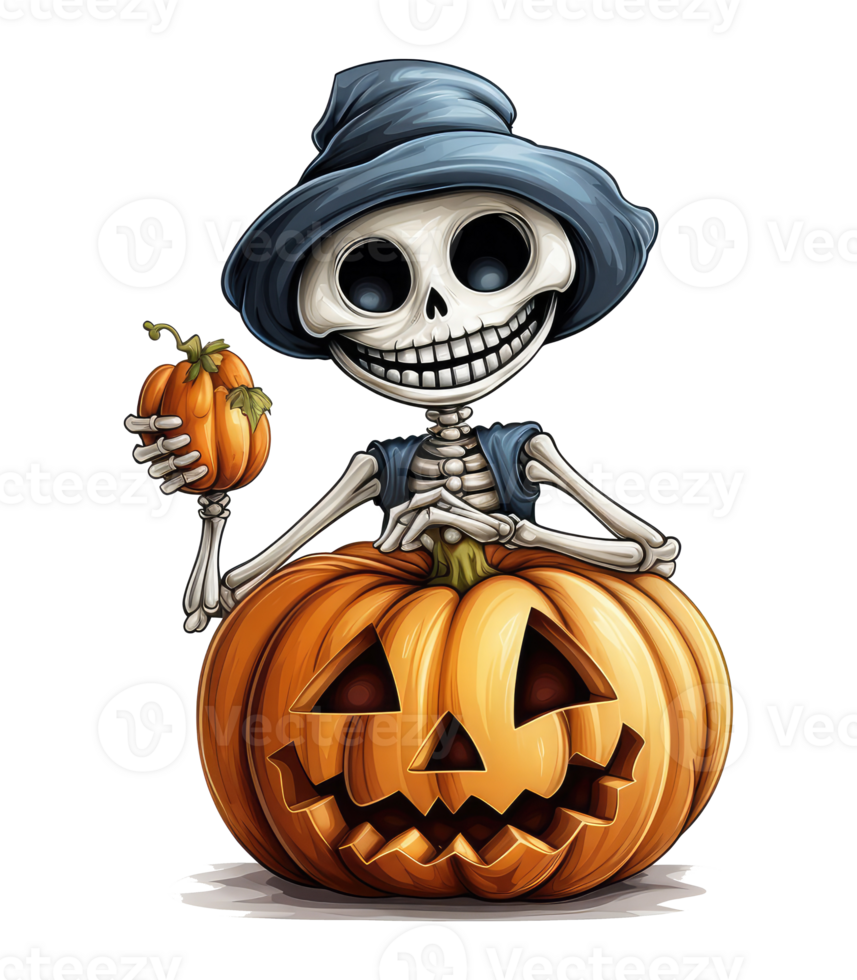 funny skeleton for halloween, funny cartoon skeleton with pumkin . AI Generated png