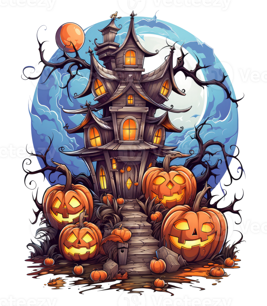 halloween huis met klein maan en vliegend heks schaduw, bomen, glimlachen pompoenen, begraafplaats en gestreden . ai gegenereerd png