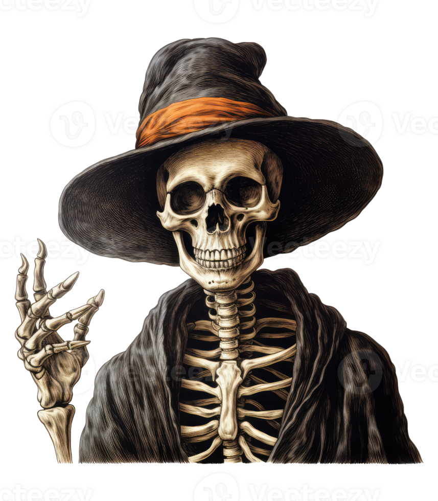 simple, vintage halloween skeleton, with a witch hat . AI Generated png