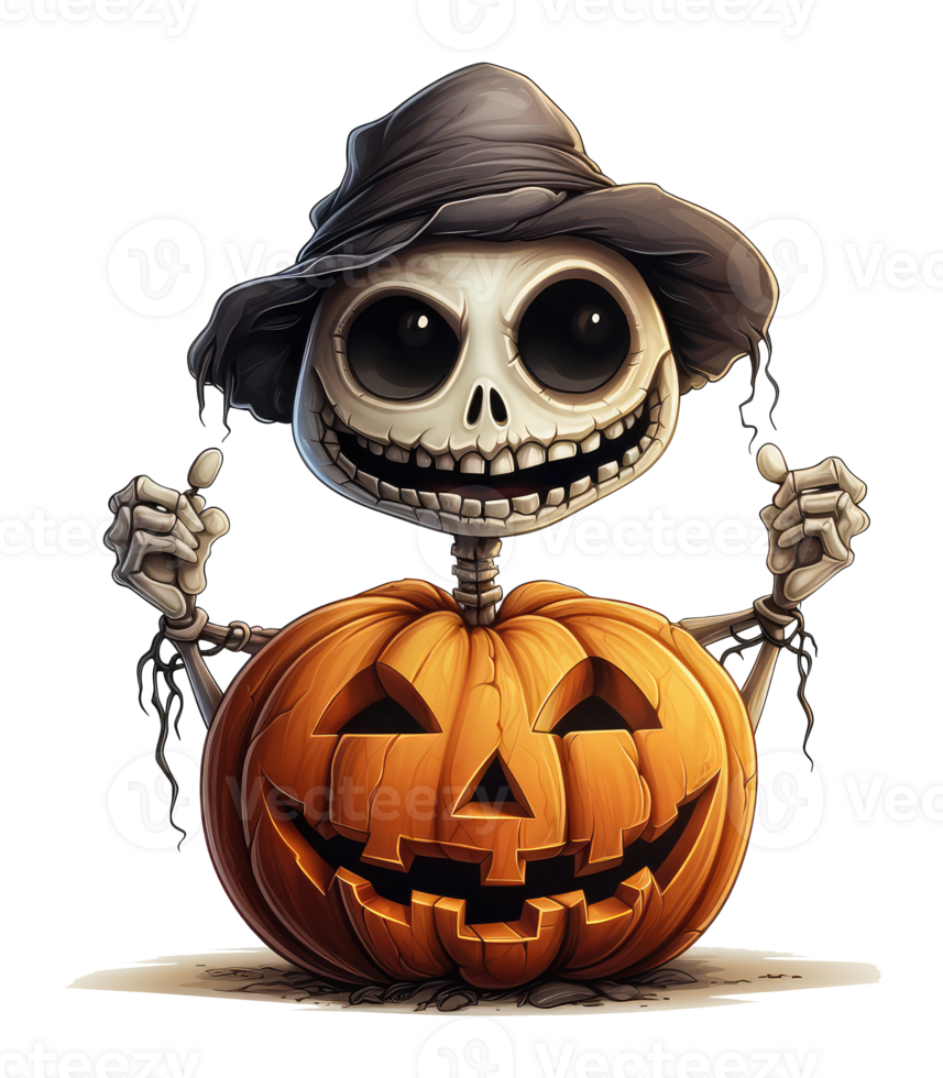 funny skeleton for halloween, funny cartoon skeleton with pumkin . AI Generated png