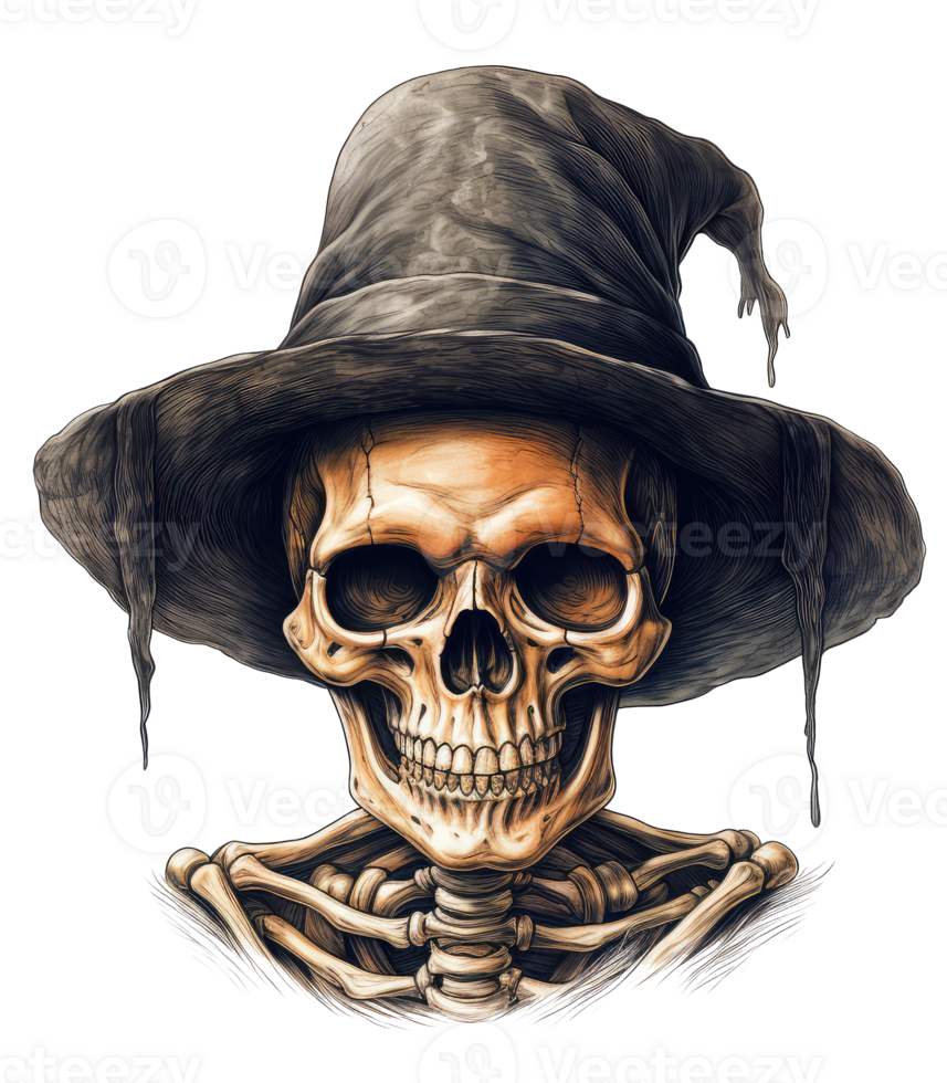 simple, vintage halloween skeleton, with a witch hat . AI Generated png