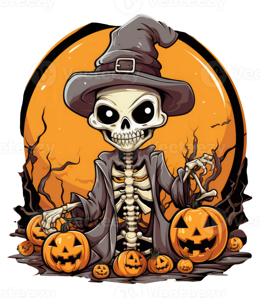 Whole body skeleton wearing witch hat and Halloween . AI Generated png