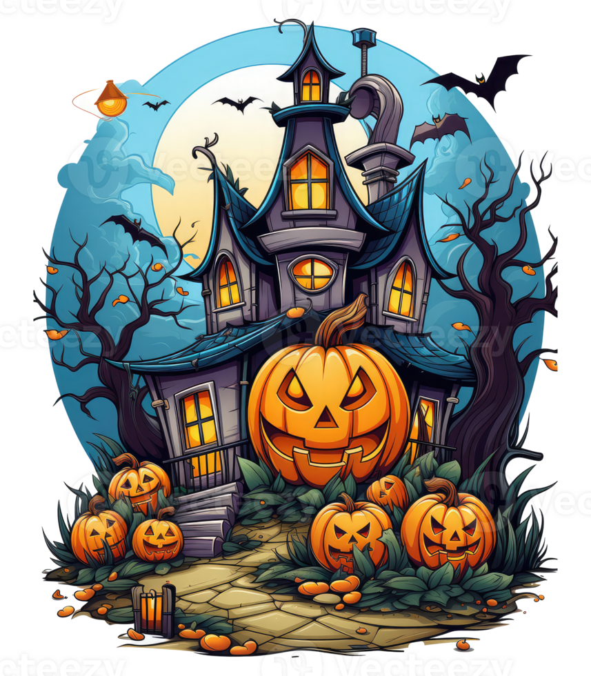 Halloween house with small moon and flying witch shade, trees, smiling pumpkins, graveyard and batsled . AI Generated png
