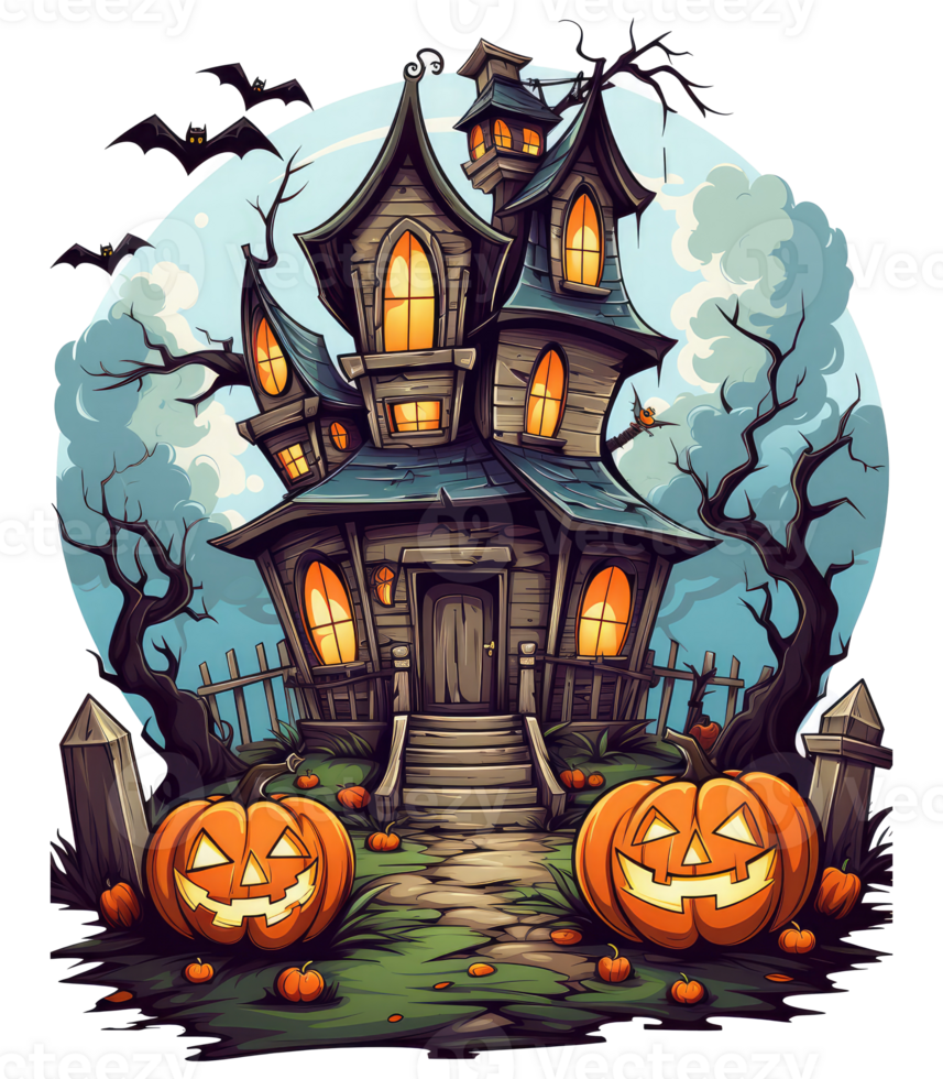 halloween huis met klein maan en vliegend heks schaduw, bomen, glimlachen pompoenen, begraafplaats en gestreden . ai gegenereerd png