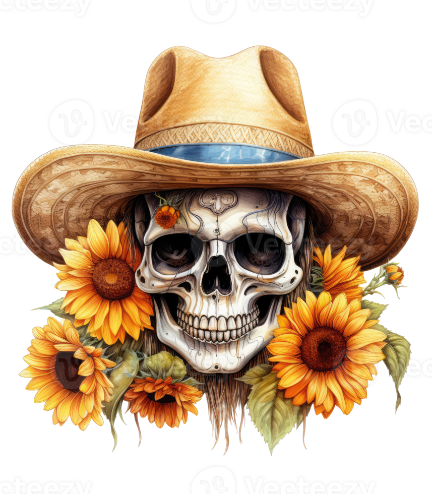 Cute skull in sunflower cowboy hat . AI Generated png