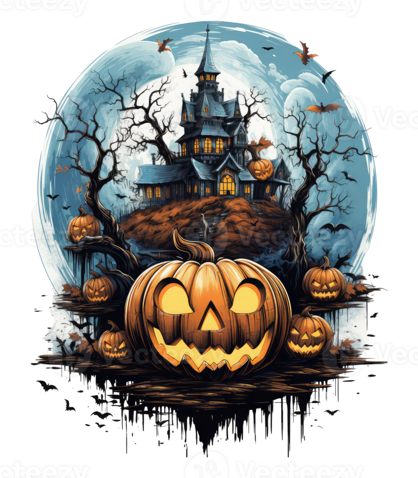 Halloween house with small moon and flying witch shade, trees, smiling pumpkins, graveyard and batsled . AI Generated png