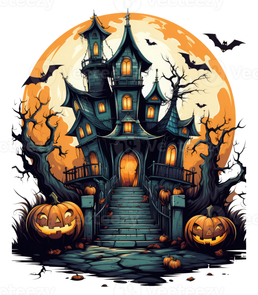 halloween huis met klein maan en vliegend heks schaduw, bomen, glimlachen pompoenen, begraafplaats en gestreden . ai gegenereerd png