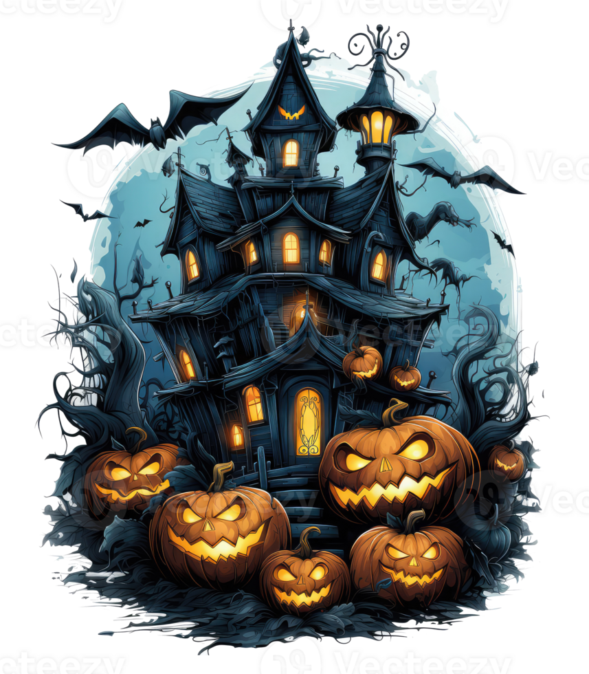halloween hus med små måne och flygande häxa skugga, träd, leende pumpor, kyrkogård och batsled . ai genererad png