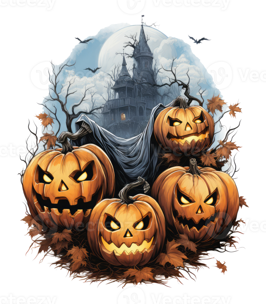 halloween huis met klein maan en vliegend heks schaduw, bomen, glimlachen pompoenen, begraafplaats en gestreden . ai gegenereerd png