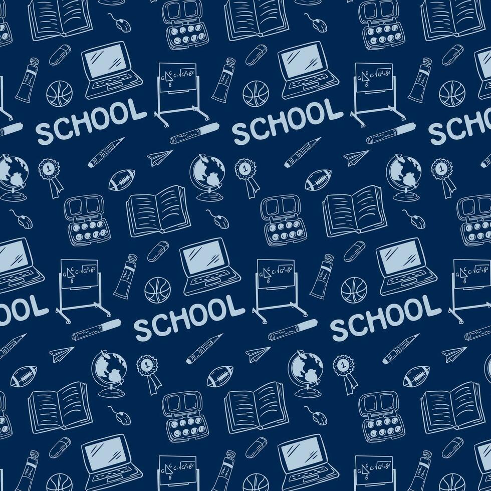 Back to school elements pattern on blue background. Minimalistic doodle seamless pattern. White isolated sketches. Perfect for decoration, textile, wrapping paper, background, greetings vector