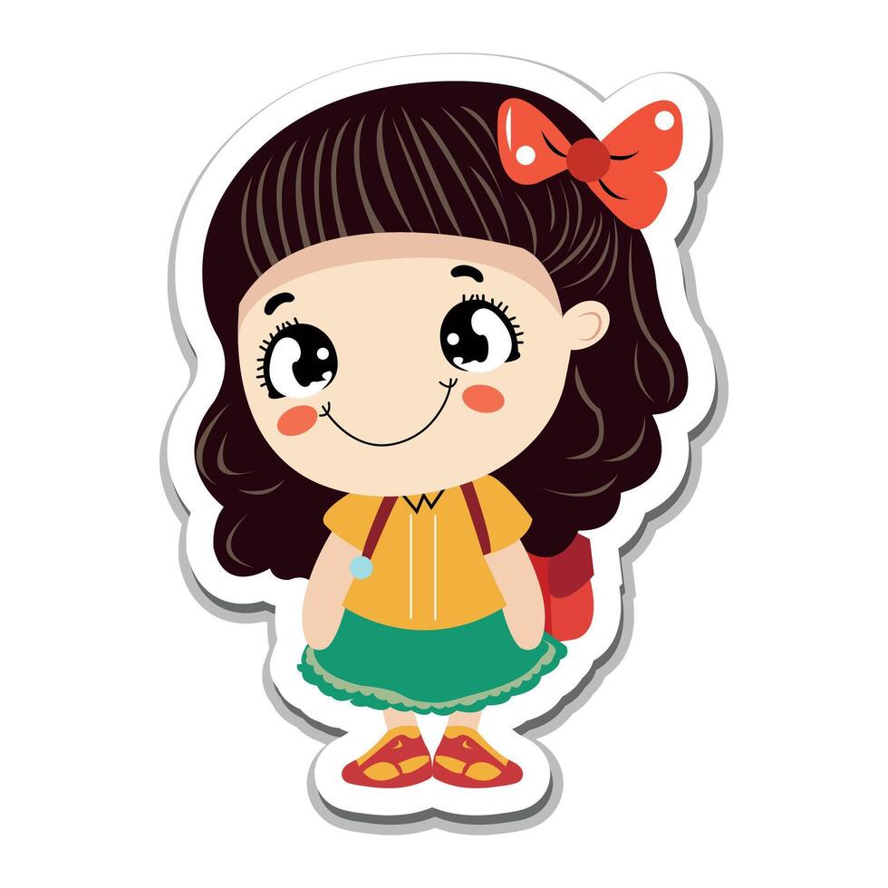 vector sticker template with a girl in standing posing cartoon character isolated