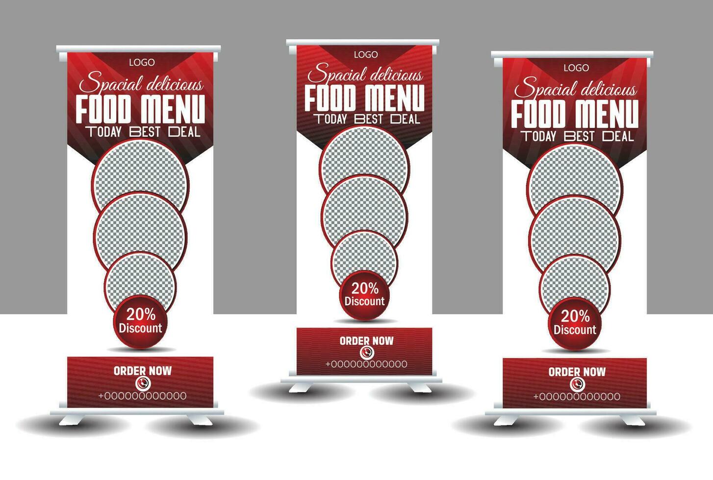 Food roll-up banner design with three image white background vector