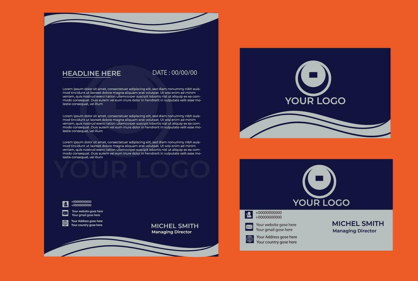 Letterhead and business card design color blue and white simple design vector