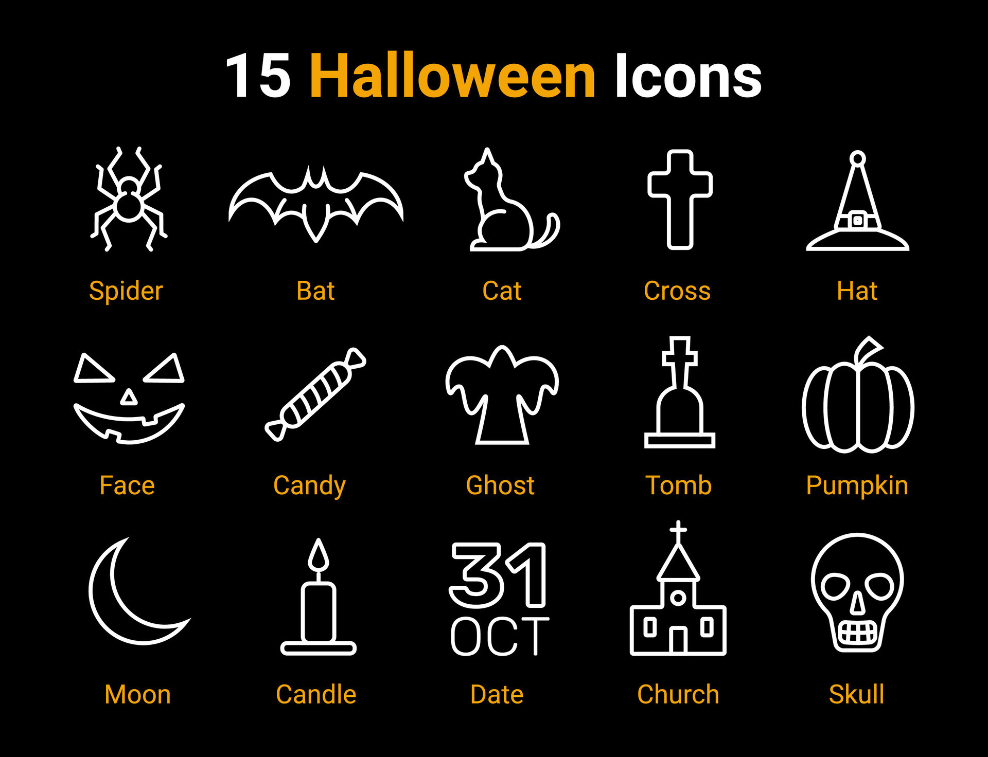 Halloween icons, set of vector signs and symbols, Halloween celebration