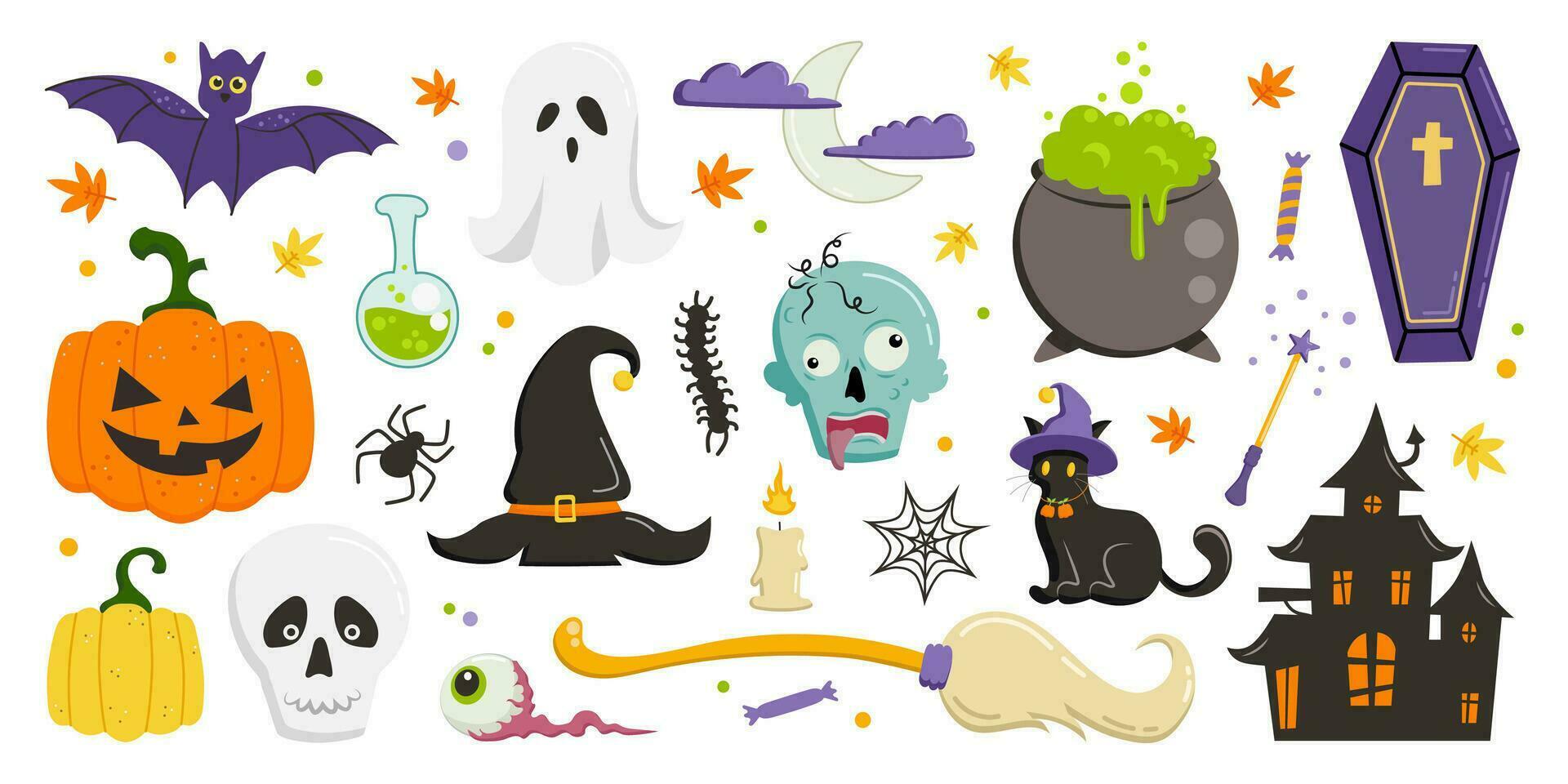 Sticker pack of Halloween cartoon elements. Vector illustration, big set of spooky objects