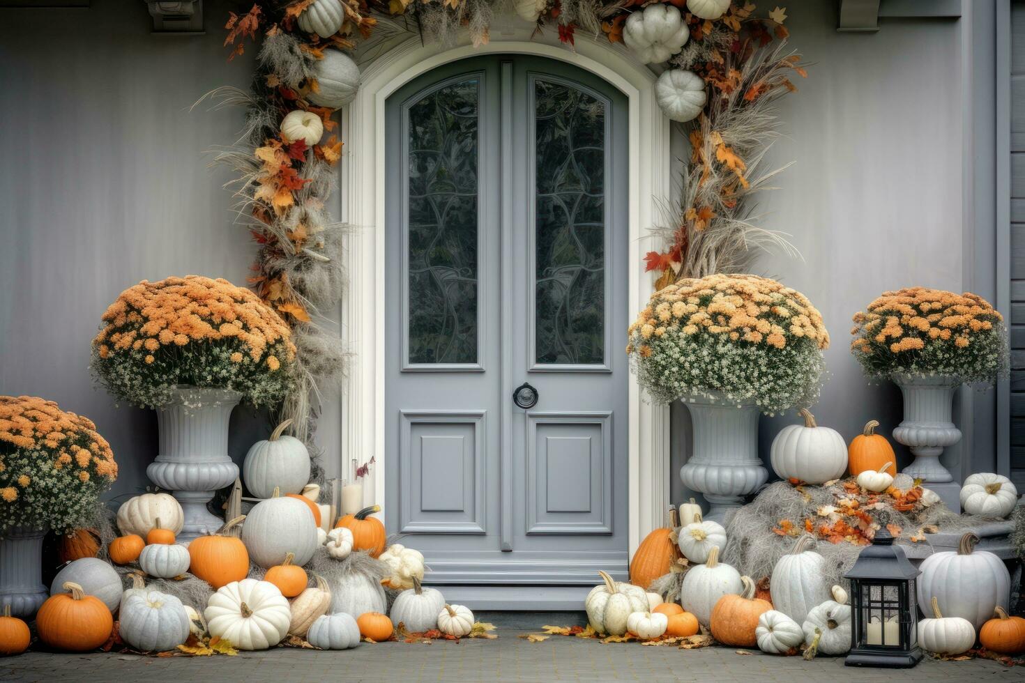 Front door with fall decor, pumpkins and autumnthemed decorations photo