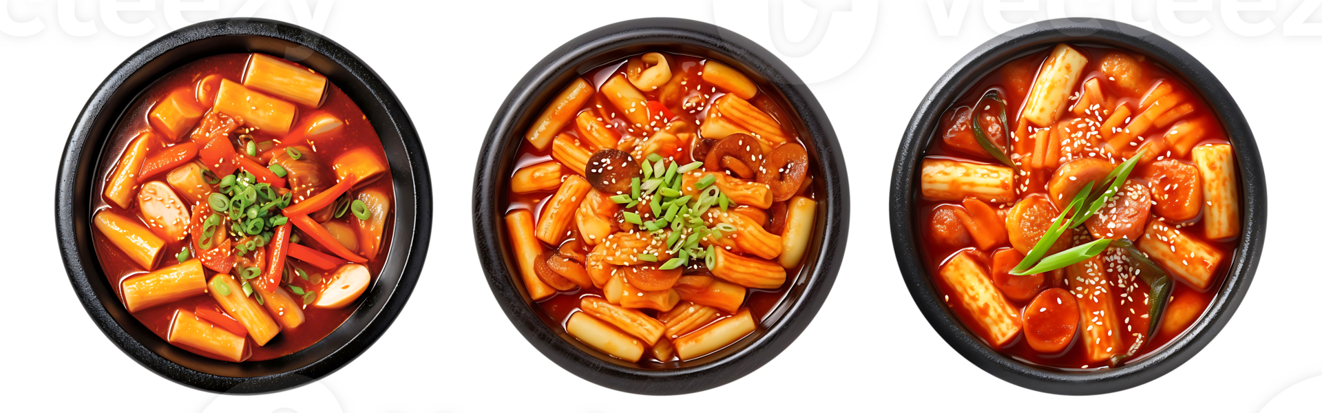 Tokbokki korean traditional food on black bowl, top view with transparent background, png