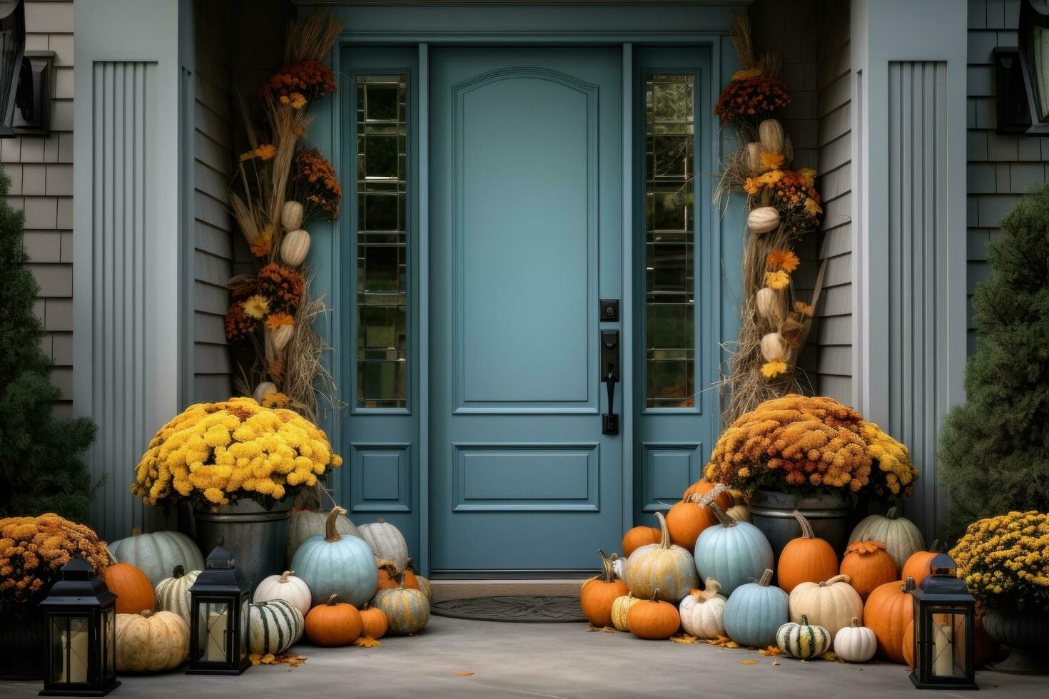 Front door with fall decor, pumpkins and autumnthemed decorations photo