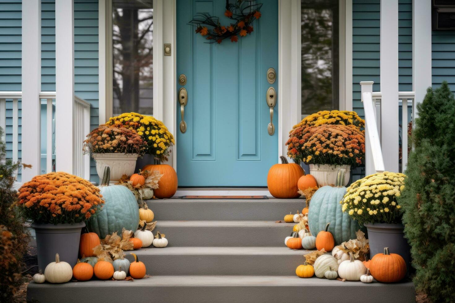 Front door with fall decor, pumpkins and autumn themed decorations photo