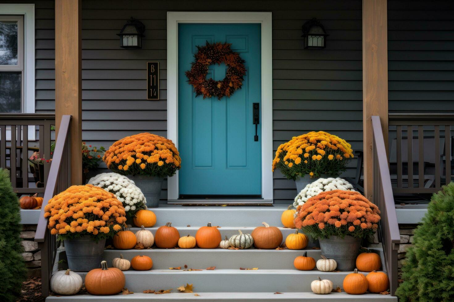 Front door with fall decor, pumpkins and autumn themed decorations photo