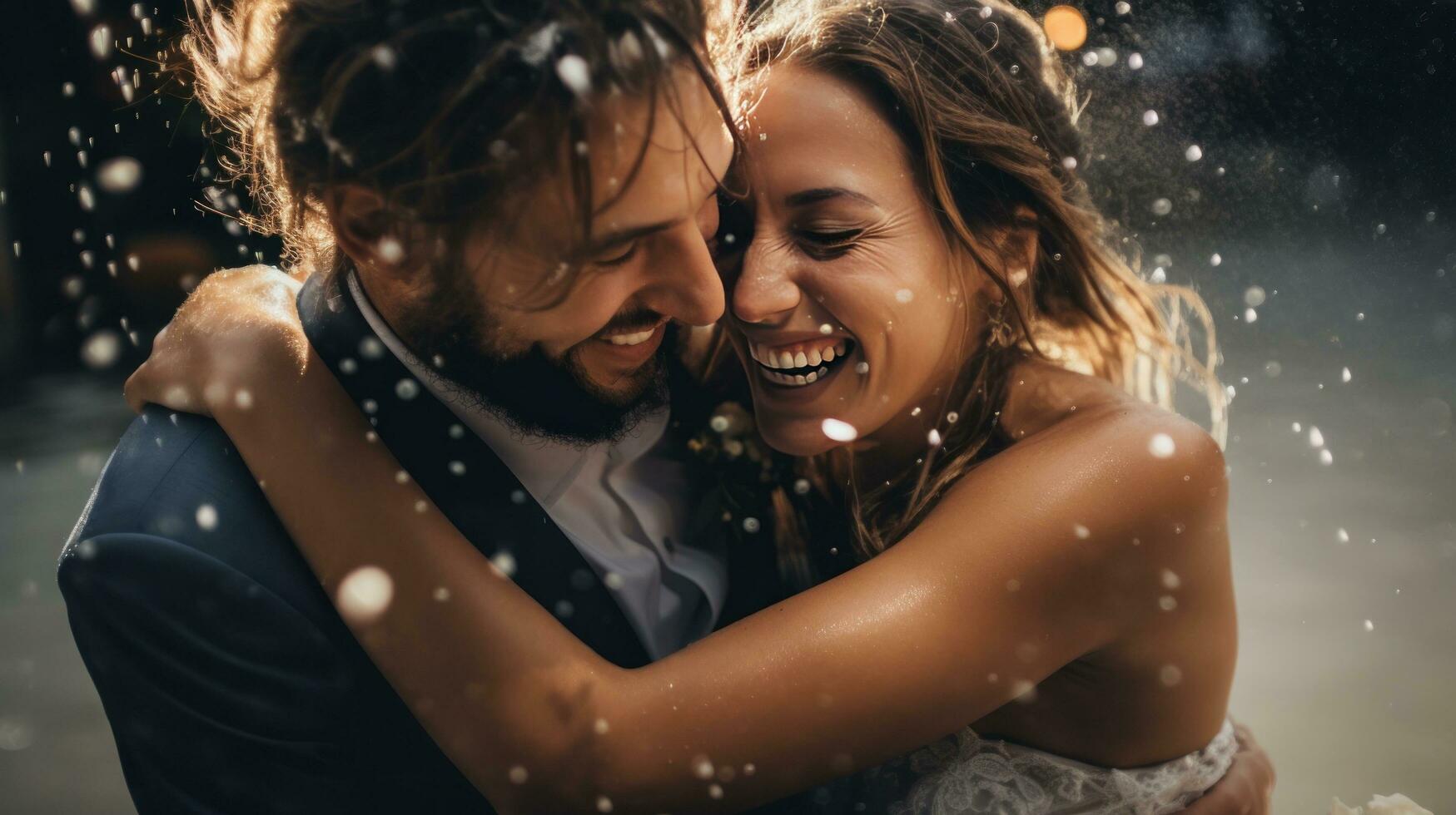 Brides and grooms smiling, with water drops thrown photo