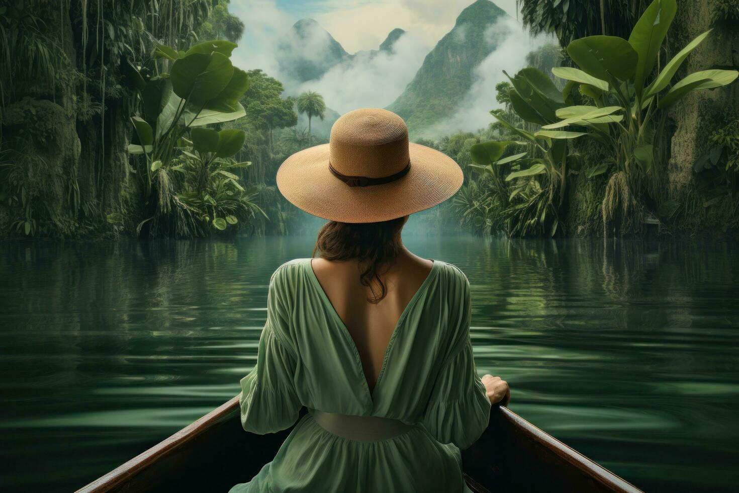 A woman in a hat riding on a boat around some lush tropical islands photo