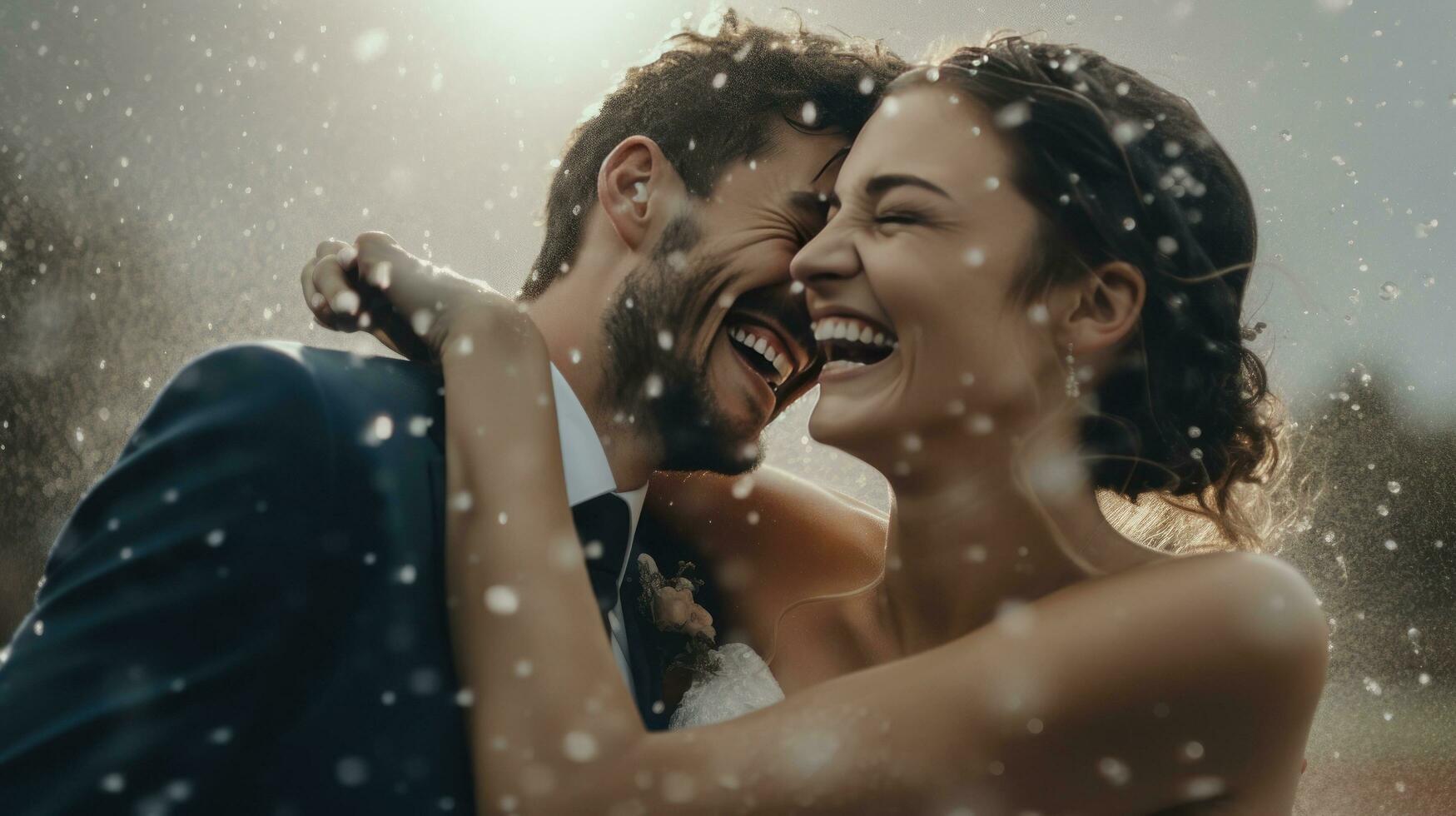 Brides and grooms smiling, with water drops thrown photo