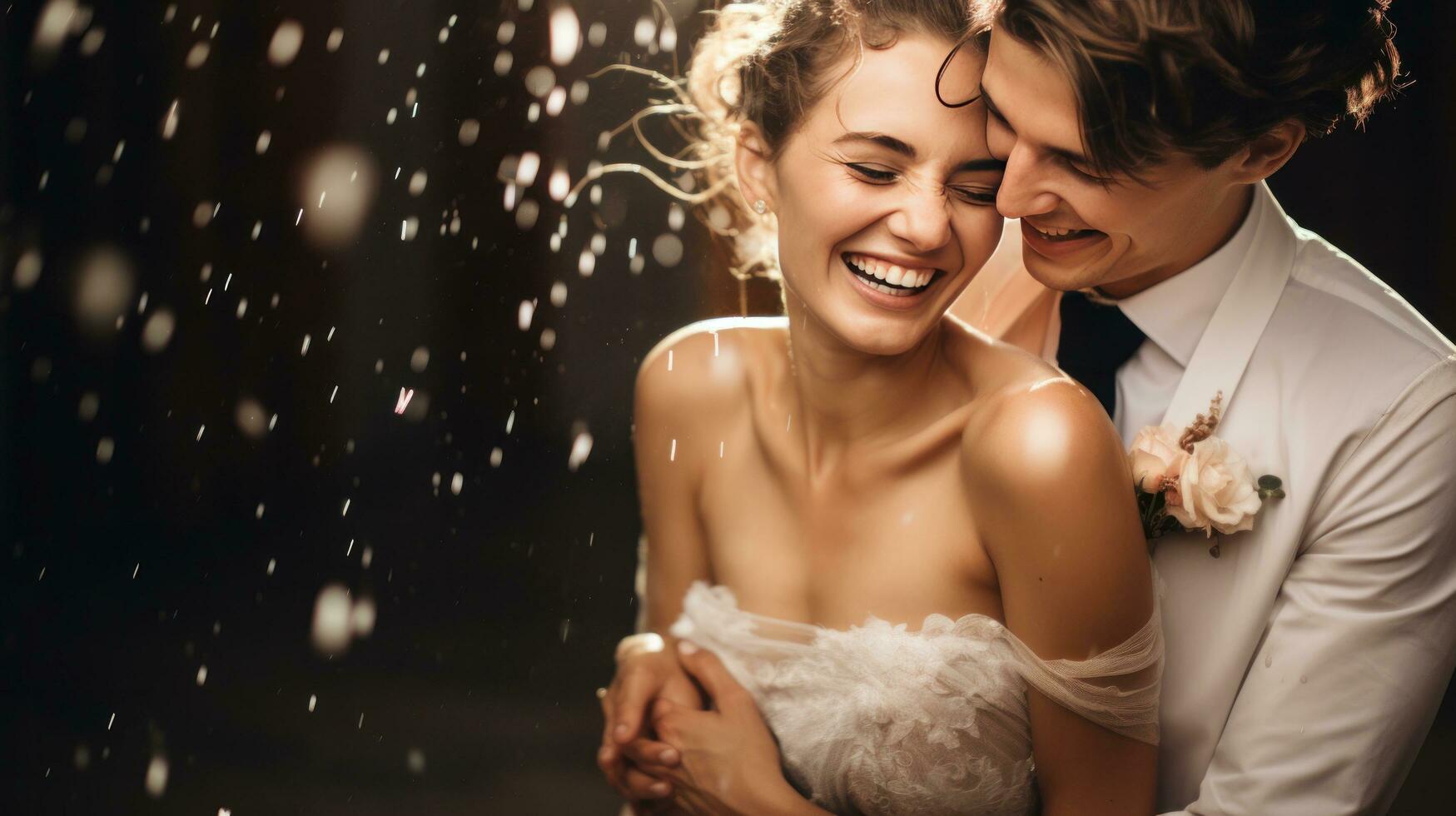 Brides and grooms smiling, with water drops thrown photo