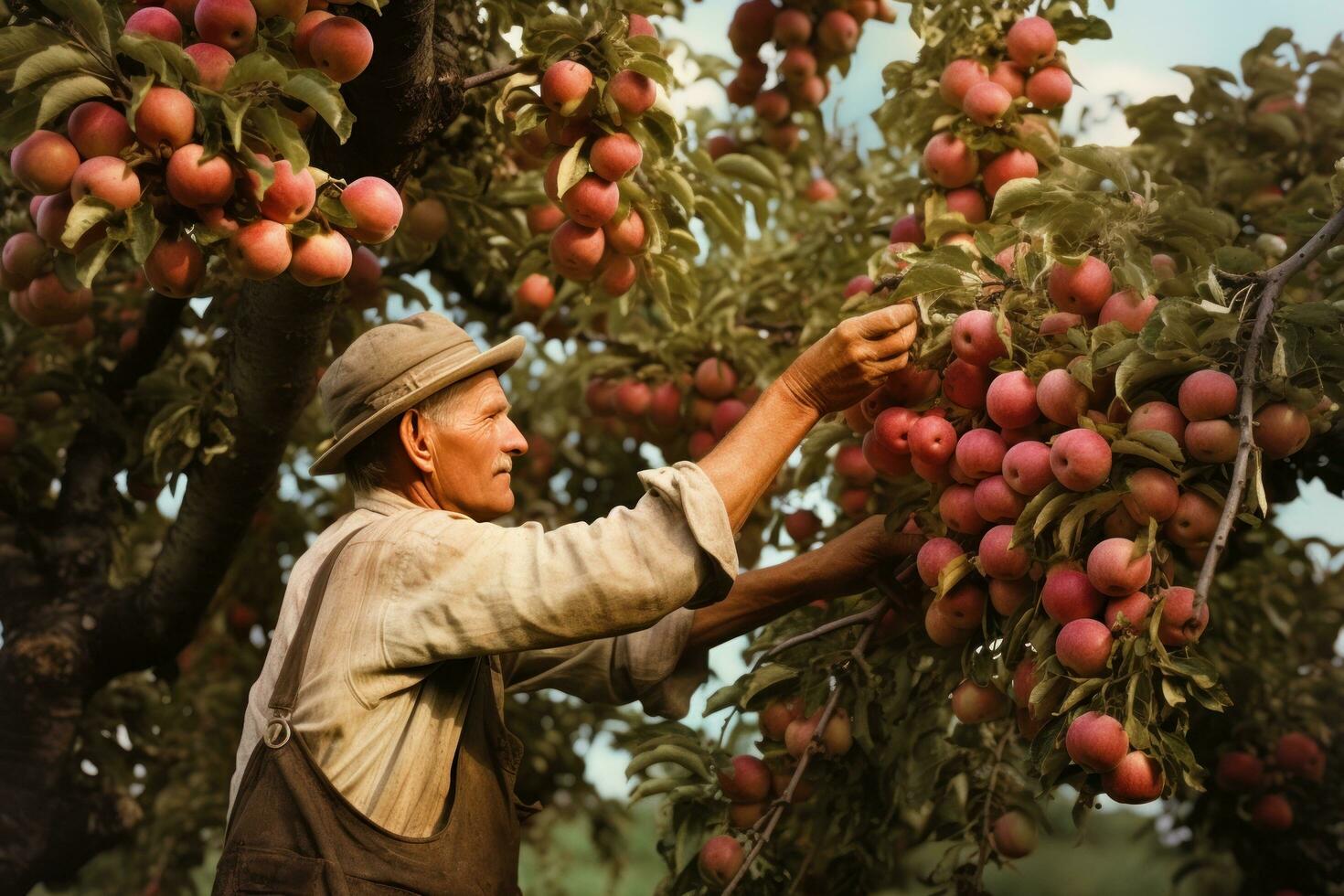 A man bring apples on an apple tree at sunrise photo