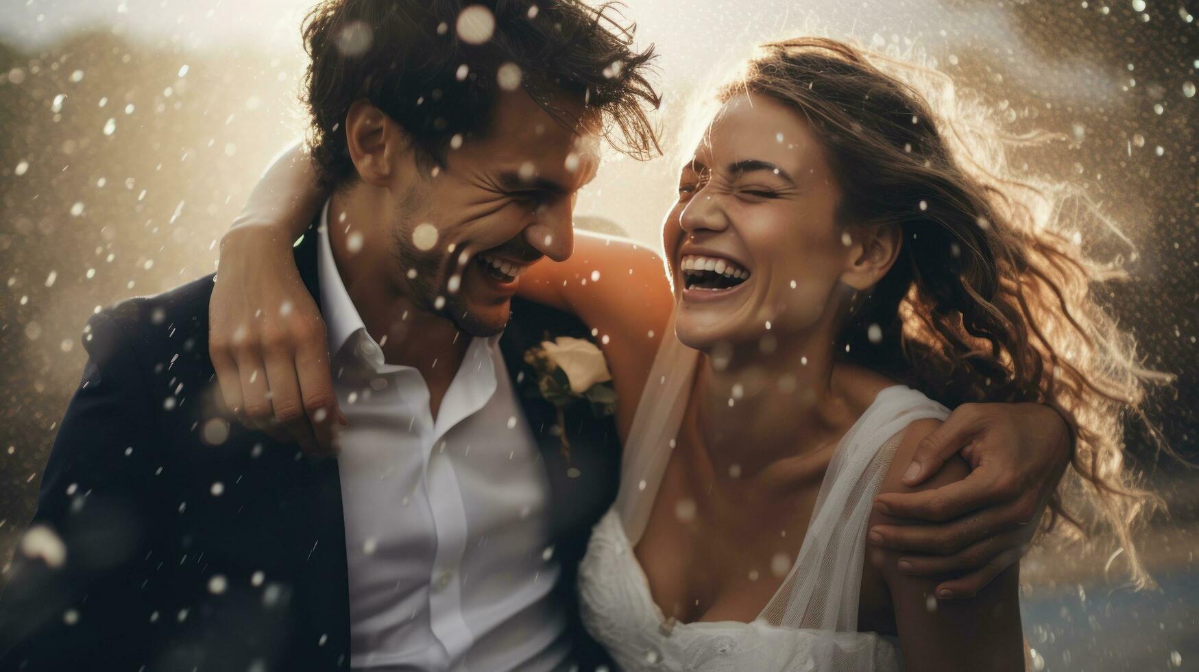 Brides and grooms smiling, with water drops thrown photo