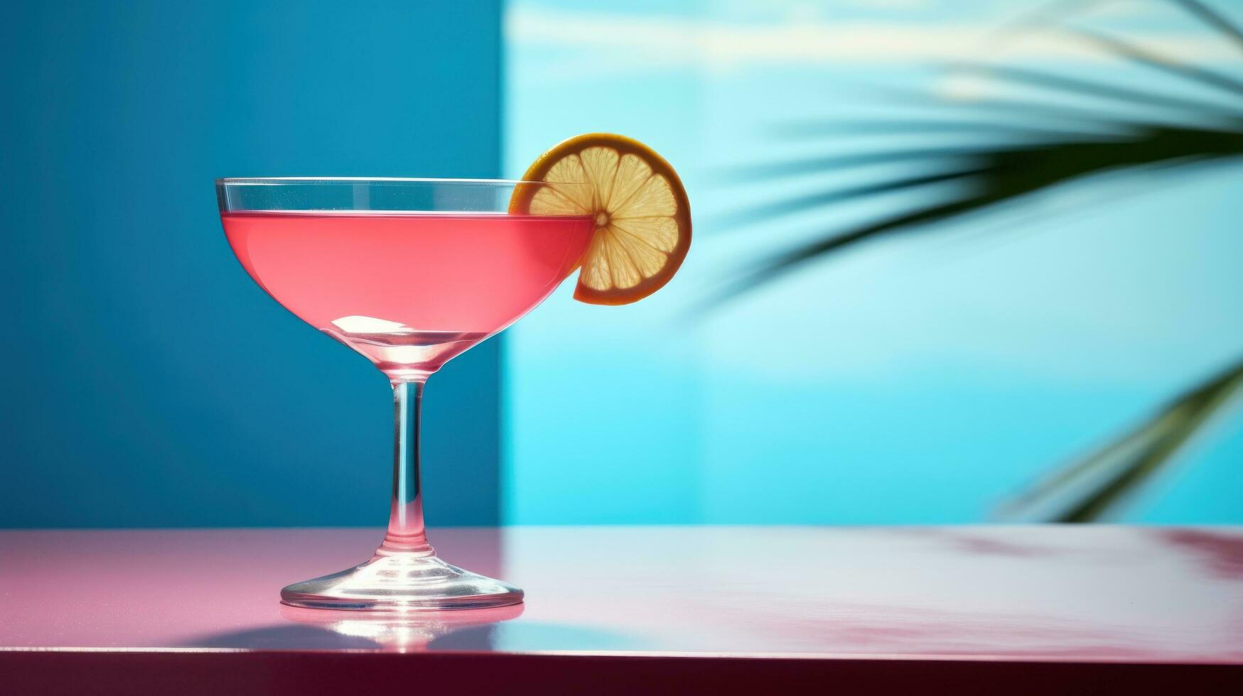 rosado cóctel con limón cuña sentado en el piscina mesa foto