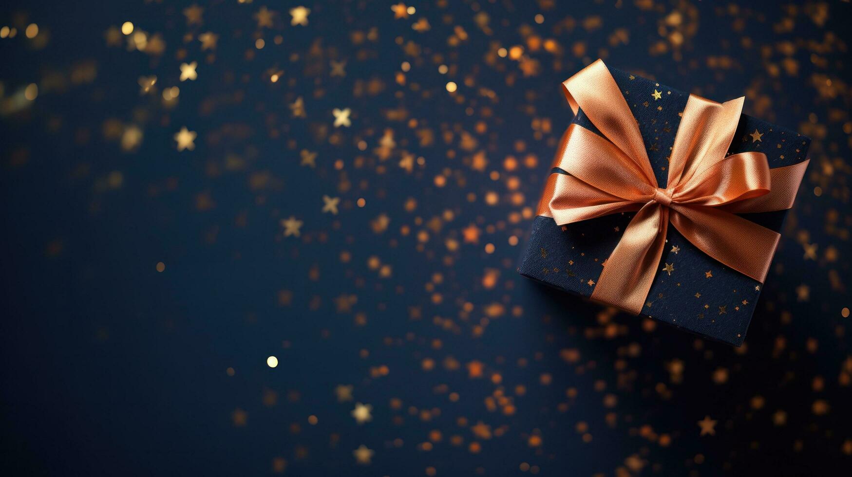 Present box wrapped in a gold ribbon with stars floating around a blue