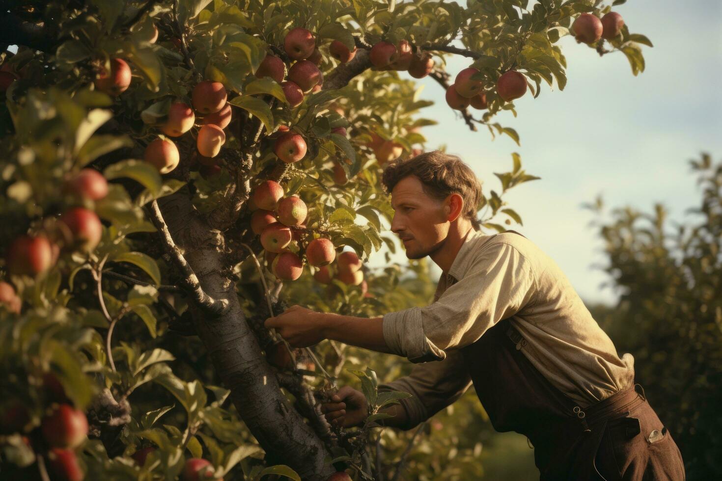 un hombre traer manzanas en un manzana árbol a amanecer foto