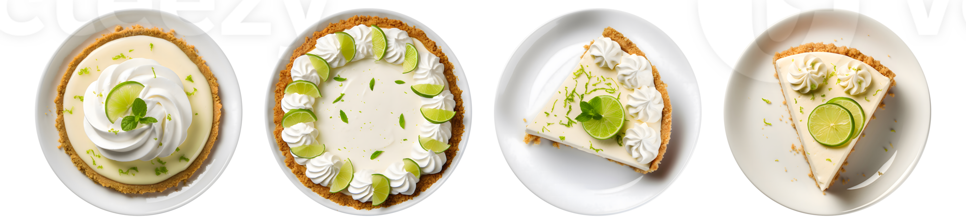 Key lime pie on white plate, top view with transparent background, Generative AI Technology png