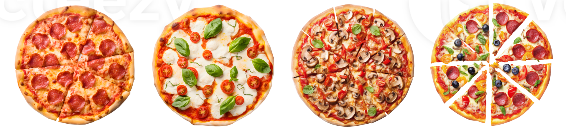 délicieux pizza, pepperoni, légume, Mozarella Haut vue avec transparent arrière-plan, génératif ai La technologie png