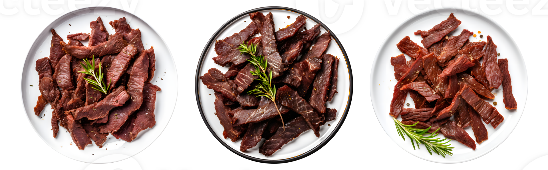spice beef jerky on white plate, top view with transparent background, Generative AI Technology png