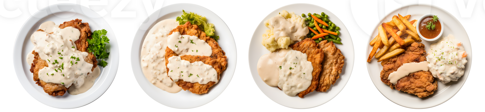 chicken fried steak on white plate, top view with transparent background, Generative AI Technology png