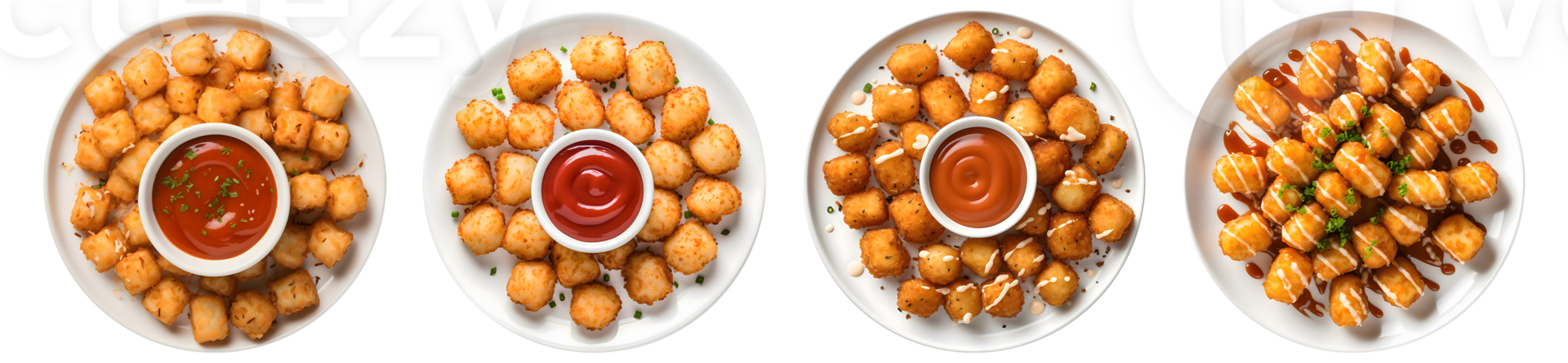 Tater tots on white plate, top view with transparent background, Generative AI Technology png