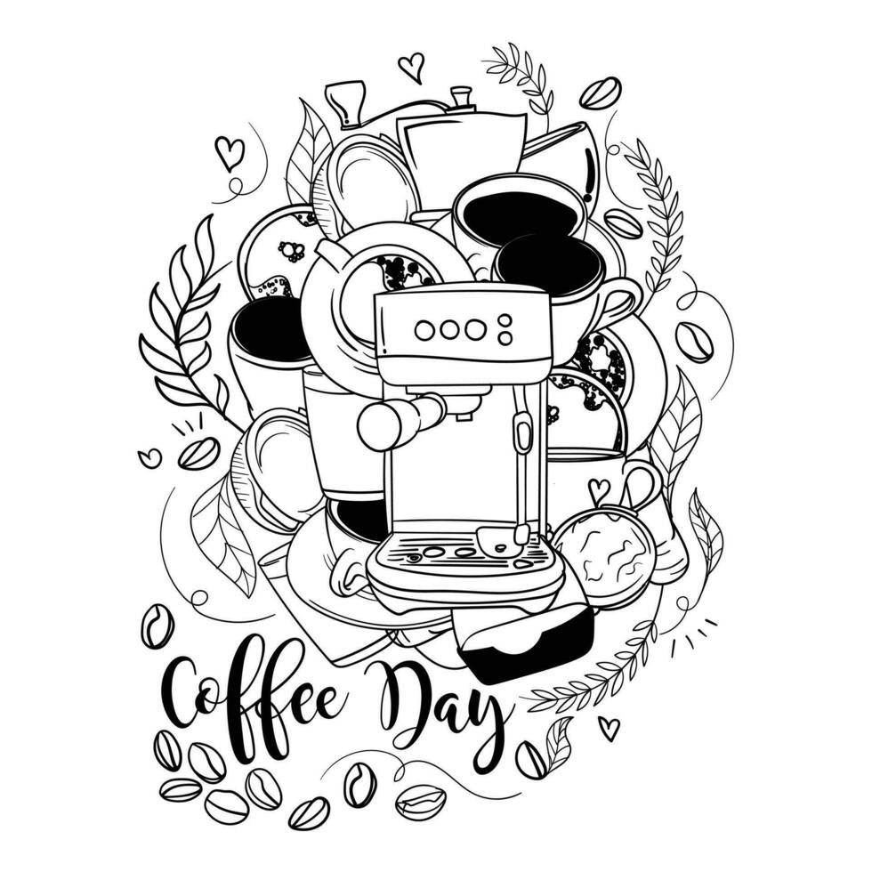 Coffee day campaign template with doodle art of coffee in black and white design vector