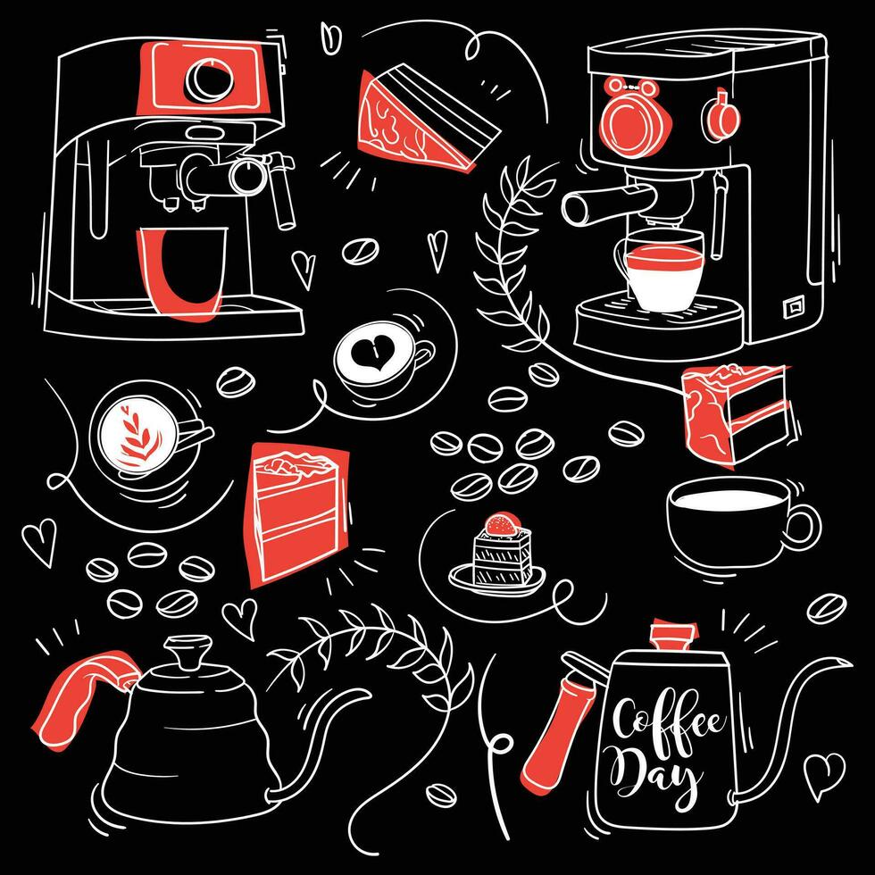 Hand drawn design of coffee maker and mug for cafe wallpaper design of coffee day template vector