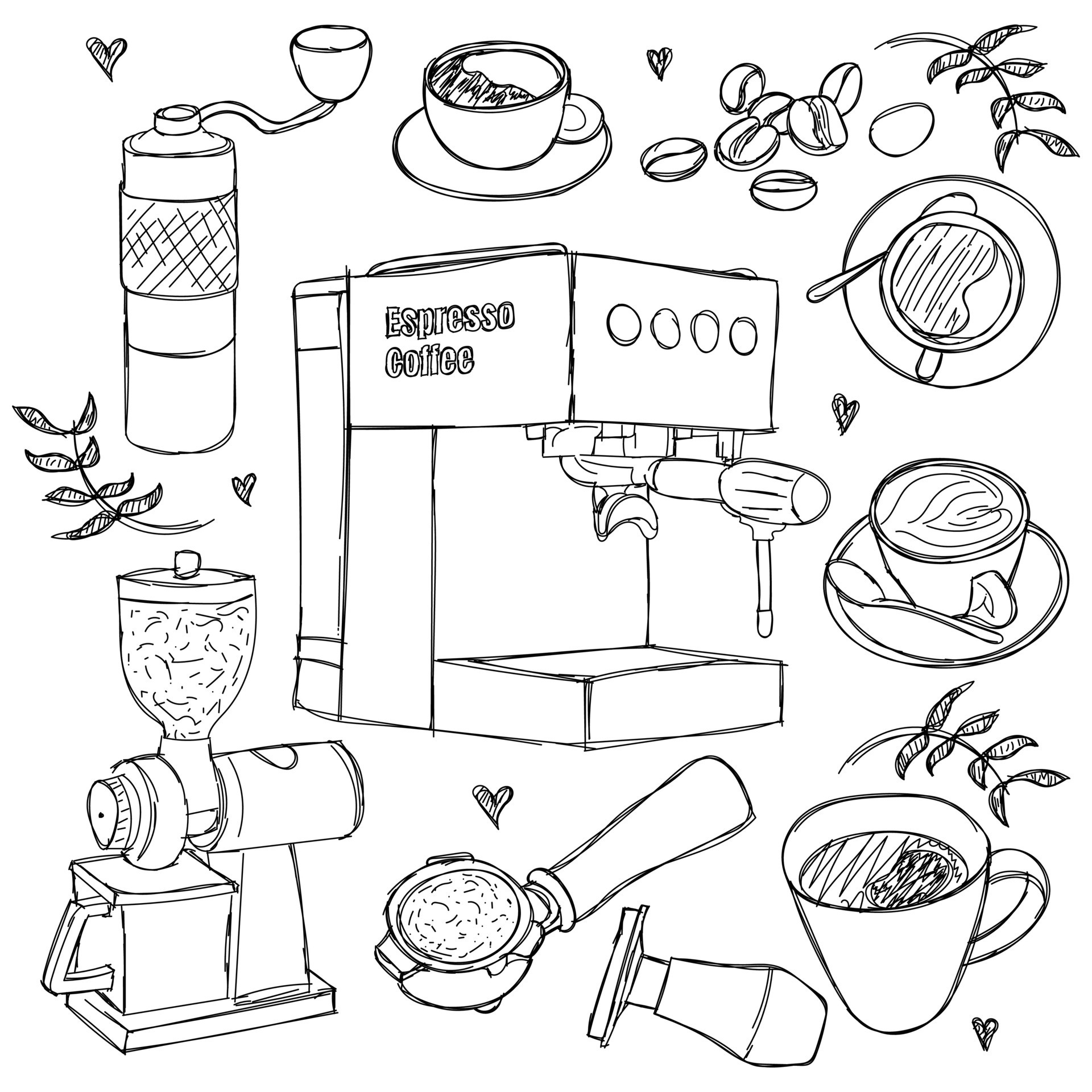 Hand drawn of coffee maker tools design for international coffee day