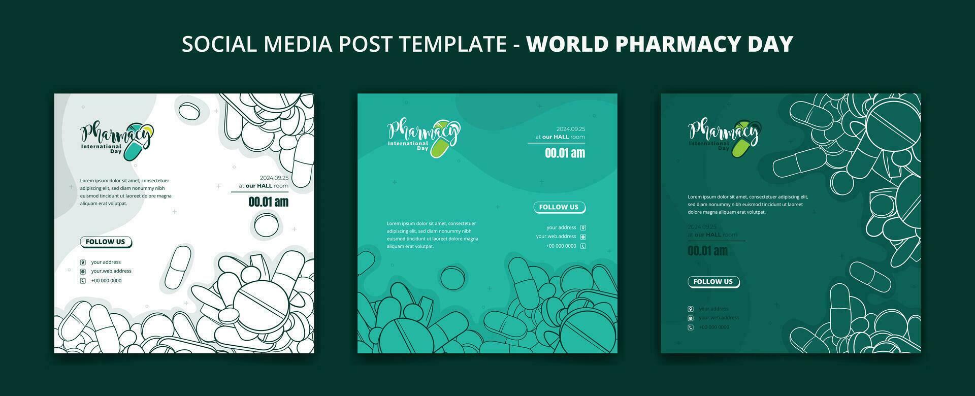 Set of social media post template in green design with cartoon drugs background for pharmacy design vector