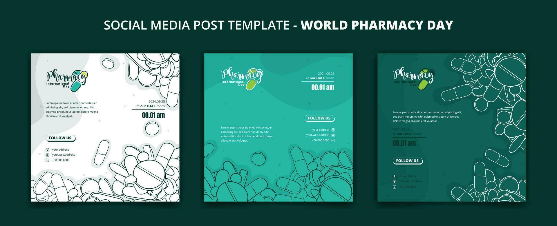 conjunto de social medios de comunicación enviar modelo en verde diseño con dibujos animados drogas antecedentes para farmacia diseño vector