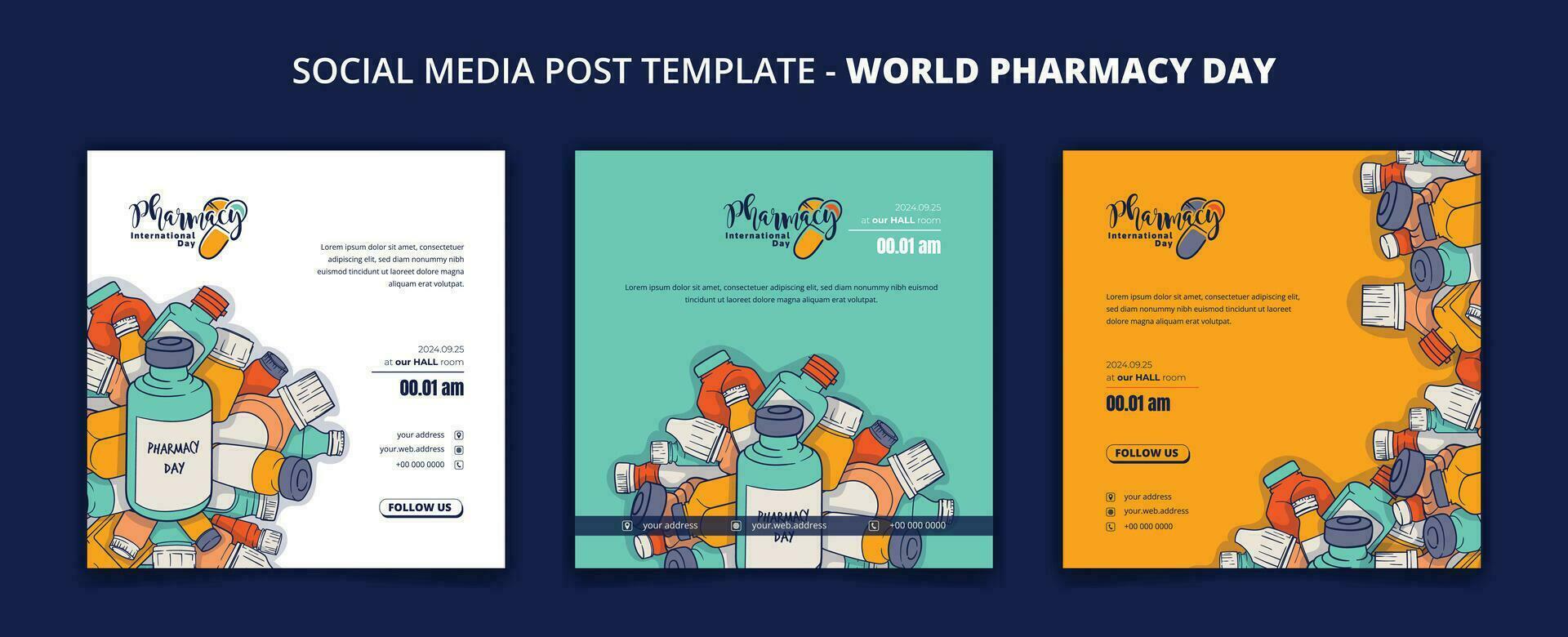 Set of social media post template with doodle art of drugs for pharmacy campaign vector