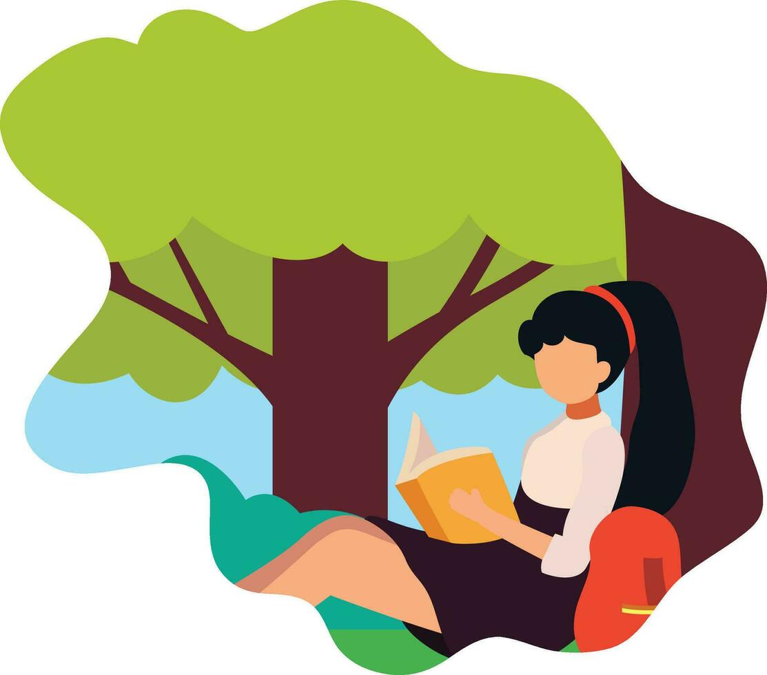 Girl reading book sitting under a tree flat style vector illustration, Girl with a ponytail sitting under a tree in a forest reading a book in nature flat style stock vector image