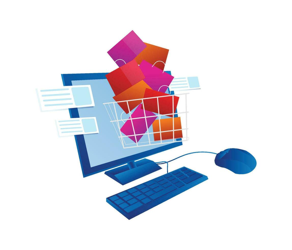 Online shopping concept. Shopping cart with bags and big computer screen. Flat vector design isolated on blue background
